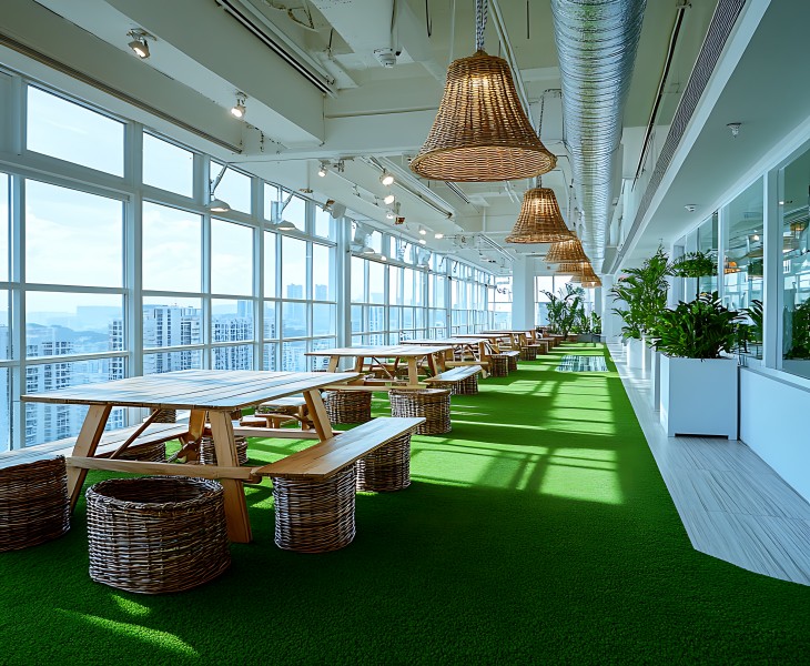 Interior dining/workspace with tables, plants, and green floor covering