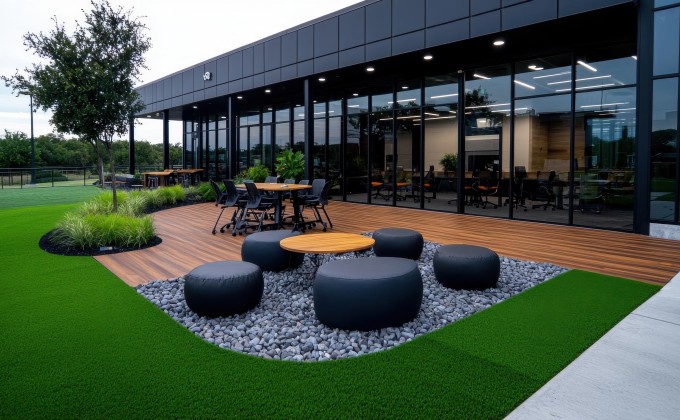 Outdoor commercial patio with artificial turf, seating, and a modern building