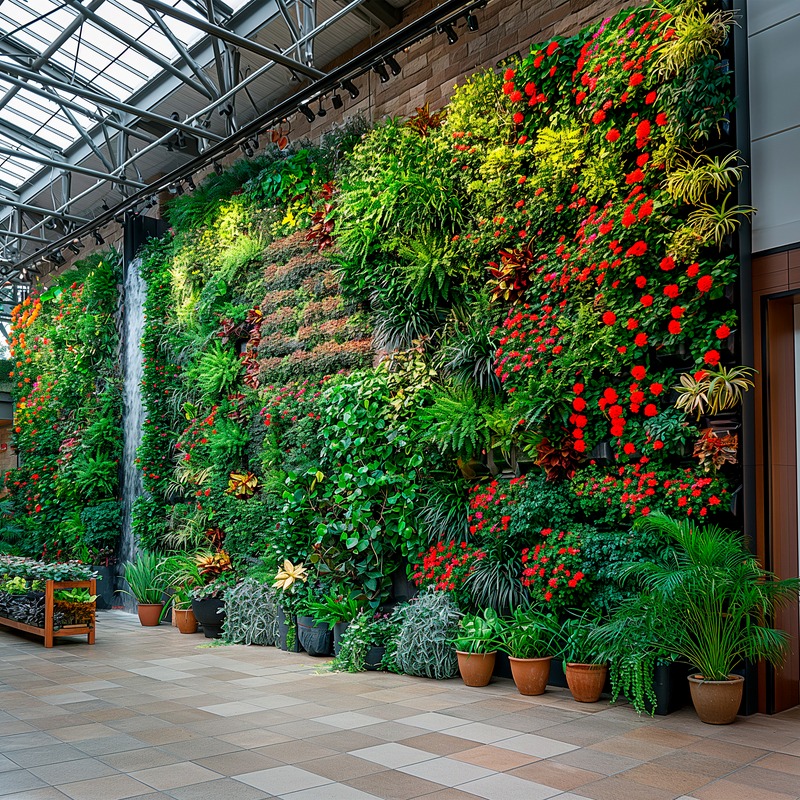 Large indoor vertical greenery wall with varied foliage and red flowers